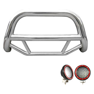 Black Horse® - 2.5" MAX Series Polished LED Bull Bar without Skid Plate and with 5.3" Red Round Flood LED Lights