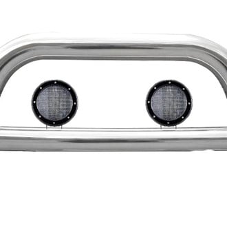 Black Horse® - 2.5" Polished LED Bull Bar w/o Skid Plate and with 5.3" Black Round Flood LED Lights