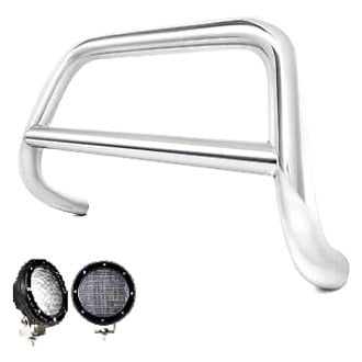 Black Horse® - 3" Polished LED Bull Bar w/o Skid Plate and with 5.3" Black Round Flood LED Lights