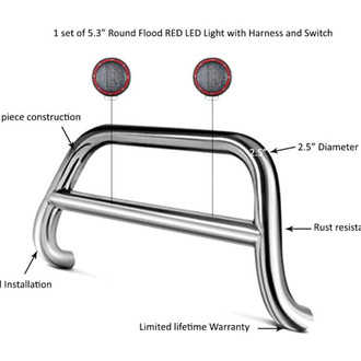 Black Horse® - 2.5" Polished LED Bull Bar w/o Skid Plate and with 5.3" Red Round Flood LED Lights