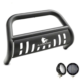 Black Horse® - 2.5" Black LED Bull Bar with Black Skid Plate and with 5.3" Black Round Flood LED Lights