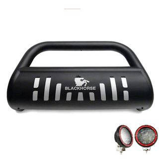 Black Horse® - 2.5" Black LED Bull Bar with Black Skid Plate and with 5.3" Red Round Flood LED Lights