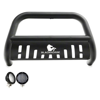 Black Horse® - 2.5" Black LED Bull Bar with Black Skid Plate and with 5.3" Black Round Flood LED Lights