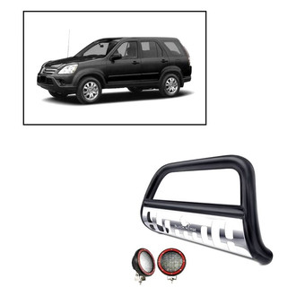 Black Horse® - 2.5" Black LED Bull Bar with Polished Skid Plate and with 5.3" Red Round Flood LED Lights