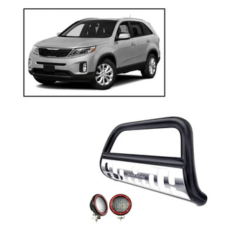 Black Horse® - 2.5" Black LED Bull Bar with Polished Skid Plate and with 5.3" Red Round Flood LED Lights