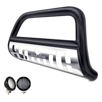 Black Horse® - 2.5" Black LED Bull Bar with Polished Skid Plate and with 5.3" Black Round Flood LED Lights