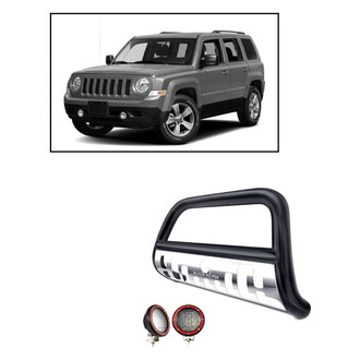 Black Horse® - 2.5" Black LED Bull Bar with Polished Skid Plate and with 5.3" Red Round Flood LED Lights