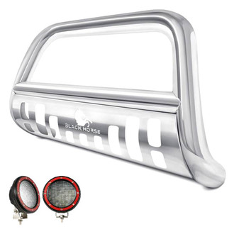 Black Horse® - 2.5" Polished LED Bull Bar with Polished Skid Plate and with 5.3" Red Round Flood LED Lights