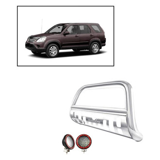 Black Horse® - 2.5" Polished LED Bull Bar with Polished Skid Plate and with 5.3" Red Round Flood LED Lights