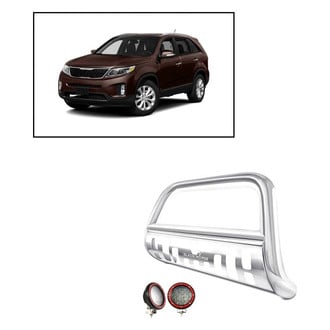 Black Horse® - 2.5" Polished LED Bull Bar with Polished Skid Plate and with 5.3" Red Round Flood LED Lights