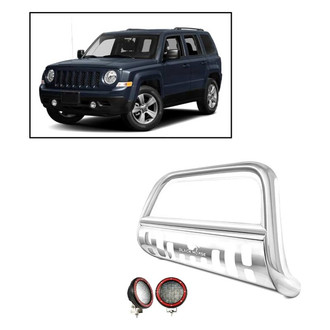 Black Horse® - 2.5" Polished LED Bull Bar with Polished Skid Plate and with 5.3" Red Round Flood LED Lights
