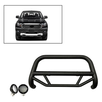 Black Horse® - 2.5" MAX Series Textured Black LED Bull Bar without Skid Plate and with 5.3" Black Round Flood LED Lights