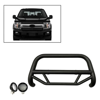 Black Horse® - 2.5" MAX Series Textured Black LED Bull Bar without Skid Plate and with 5.3" Black Round Flood LED Lights