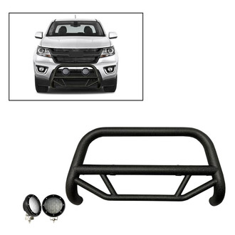 Black Horse® - 2.5" MAX Series Textured Black LED Bull Bar without Skid Plate and with 5.3" Black Round Flood LED Lights