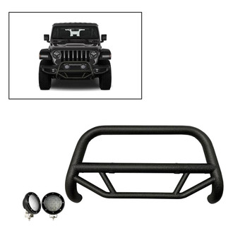 Black Horse® - 2.5" MAX Series Textured Black LED Bull Bar without Skid Plate and with 5.3" Black Round Flood LED Lights