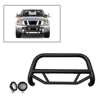 Black Horse® - 2.5" MAX Series Textured Black LED Bull Bar without Skid Plate and with 5.3" Black Round Flood LED Lights