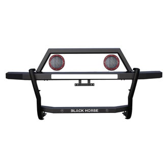 Black Horse® - Rambler Black LED Grille Guard with (2)5.3" Dia. LED Flood Lights with Red Trim Rings Wiring Harness and Switch
