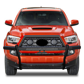 Black Horse® - Rambler Black LED Grille Guard with 30" LED Bar Single Row & (2)5.3" Dia. LED Flood Lights with Black Trim Rings Wiring Harness and Switch