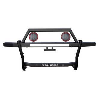 Black Horse® - Rambler Black LED Grille Guard with (2)5.3" Dia. LED Flood Lights with Red Trim Rings Wiring Harness and Switch
