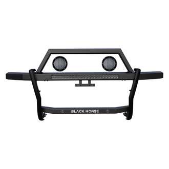 Black Horse® - Rambler Black LED Grille Guard with 30" LED Bar Single Row & (2)5.3" Dia. LED Flood Lights with Black Trim Rings Wiring Harness and Switch