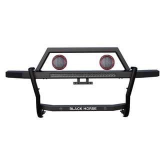 Black Horse® - Rambler Black LED Grille Guard with 30" LED Bar Single Row & (2)5.3" Dia. LED Flood Lights with Red Trim Rings Wiring Harness and Switch