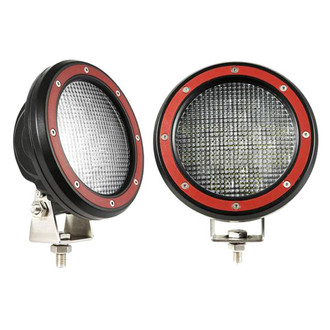 Black Horse® - Rugged Series Modular Design Black LED Grille Guard with 5.3" Round Flood Red LED Light with Harness and Switch