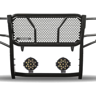 Black Horse® - Rugged Series Modular Design Black LED Grille Guard with 7" Round Black LED Light with Harness and Switch