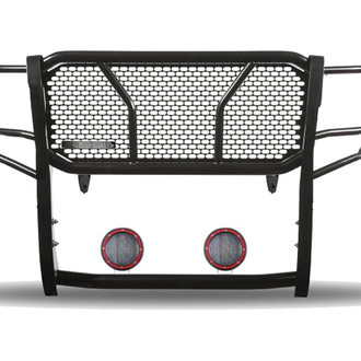 Black Horse® - Rugged Series Modular Design Black LED Grille Guard with 5.3" Round Flood Red LED Light with Harness and Switch
