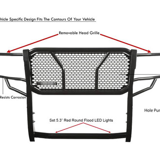 Black Horse® - Rugged Series Modular Design Black LED Grille Guard with 5.3" Round Flood Red LED Light with Harness and Switch