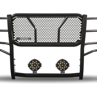 Black Horse® - Rugged Series Modular Design Black LED Grille Guard with 7" Round Black LED Light with Harness and Switch