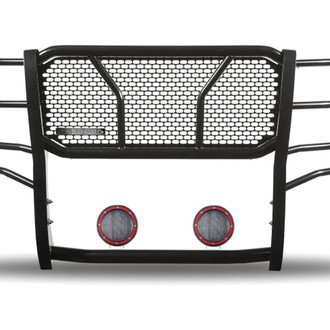 Black Horse® - Rugged Series Modular Design Black LED Grille Guard with 5.3" Round Flood Red LED Light with Harness and Switch