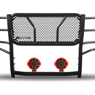 Black Horse® - Rugged Series Modular Design Black LED Grille Guard with 7" Round Red LED Light with Harness and Switch