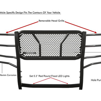 Black Horse® - Rugged Series Modular Design Black LED Grille Guard with 5.3" Round Flood Red LED Light with Harness and Switch