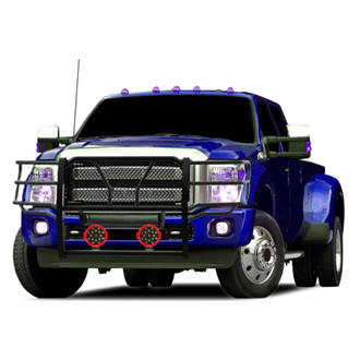 Black Horse® - Rugged Series Modular Design Black LED Grille Guard with 7" Round Red LED Light with Harness and Switch