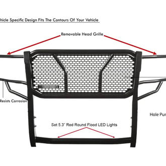 Black Horse® - Rugged Series Modular Design Black LED Grille Guard with 5.3" Round Flood Red LED Light with Harness and Switch