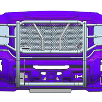 Black Horse® - Rugged Series Modular Design Black LED Grille Guard with 5.3" Round Flood Black LED Light with Harness and Switch