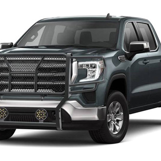 Black Horse® - Rugged Series Modular Design Black LED Grille Guard with 7" Round Black LED Light with Harness and Switch