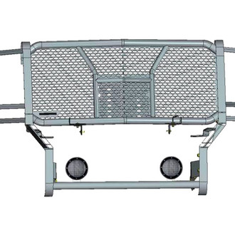 Black Horse® - Rugged Series Modular Design Black LED Grille Guard with 5.3" Round Flood Black LED Light with Harness and Switch