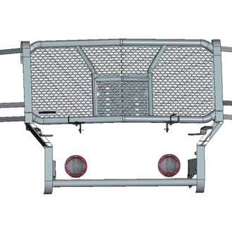 Black Horse® - Rugged Series Modular Design Black LED Grille Guard with 5.3" Round Flood Red LED Light with Harness and Switch