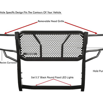 Black Horse® - Rugged Series Modular Design Black LED Grille Guard with 5.3" Round Flood Black LED Light with Harness and Switch