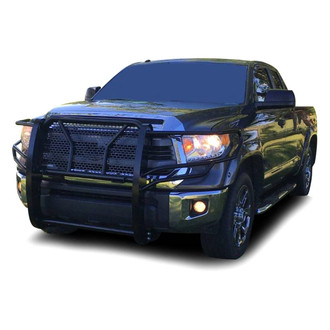 Black Horse® - Rugged Series Modular Design Black LED Grille Guard with 5.3" Round Flood Black LED Light with Harness and Switch