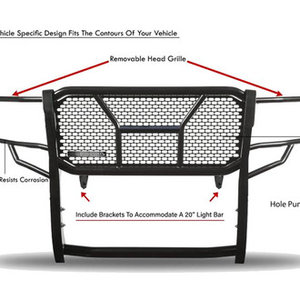Black Horse® - Rugged Series Modular Design Black LED Grille Guard with 5.3" Round Flood Black LED Light with Harness and Switch