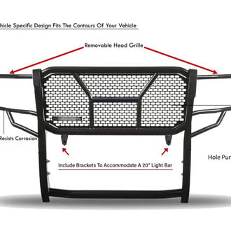 Black Horse® - Rugged Series Modular Design Black LED Grille Guard with 5.3" Round Flood Red LED Light with Harness and Switch