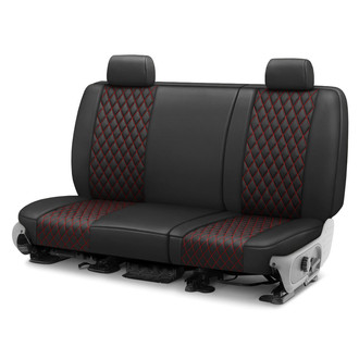 CalTrend® - Faux Leather Diamond Shield Quilted 2nd Row Black & Red Stitching Custom Seat Covers