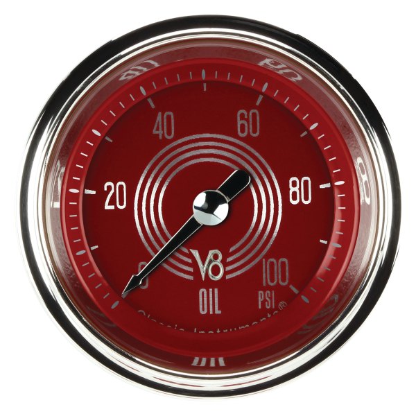 Classic Instruments® - V8 Red Steelie Series 2-1/8" Oil Pressure Gauge, 100 psi