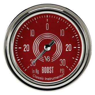 Classic Instruments® - V8 Steelie Series Boost/Vacuum Gauge, -30 in Hg +30 PSI