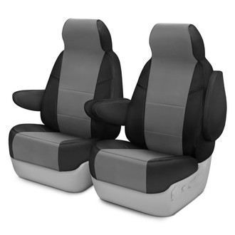 Coverking® - Premium Leatherette 1st Row Black & Medium Gray Custom Seat Covers