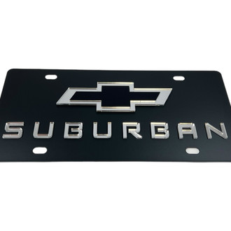 Eurosport Daytona® - GM Black License Plate with Style 2 Black / Silver Suburban New Logo and Chevrolet Emblem