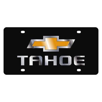 Eurosport Daytona® - GM Black License Plate with Style 2 Gold / Silver Tahoe New Logo and Chevrolet Emblem