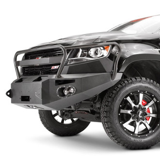 Fab Fours® - Premium Full Width Black Powder Coated Front Winch HD Bumper with Full Grille Guard